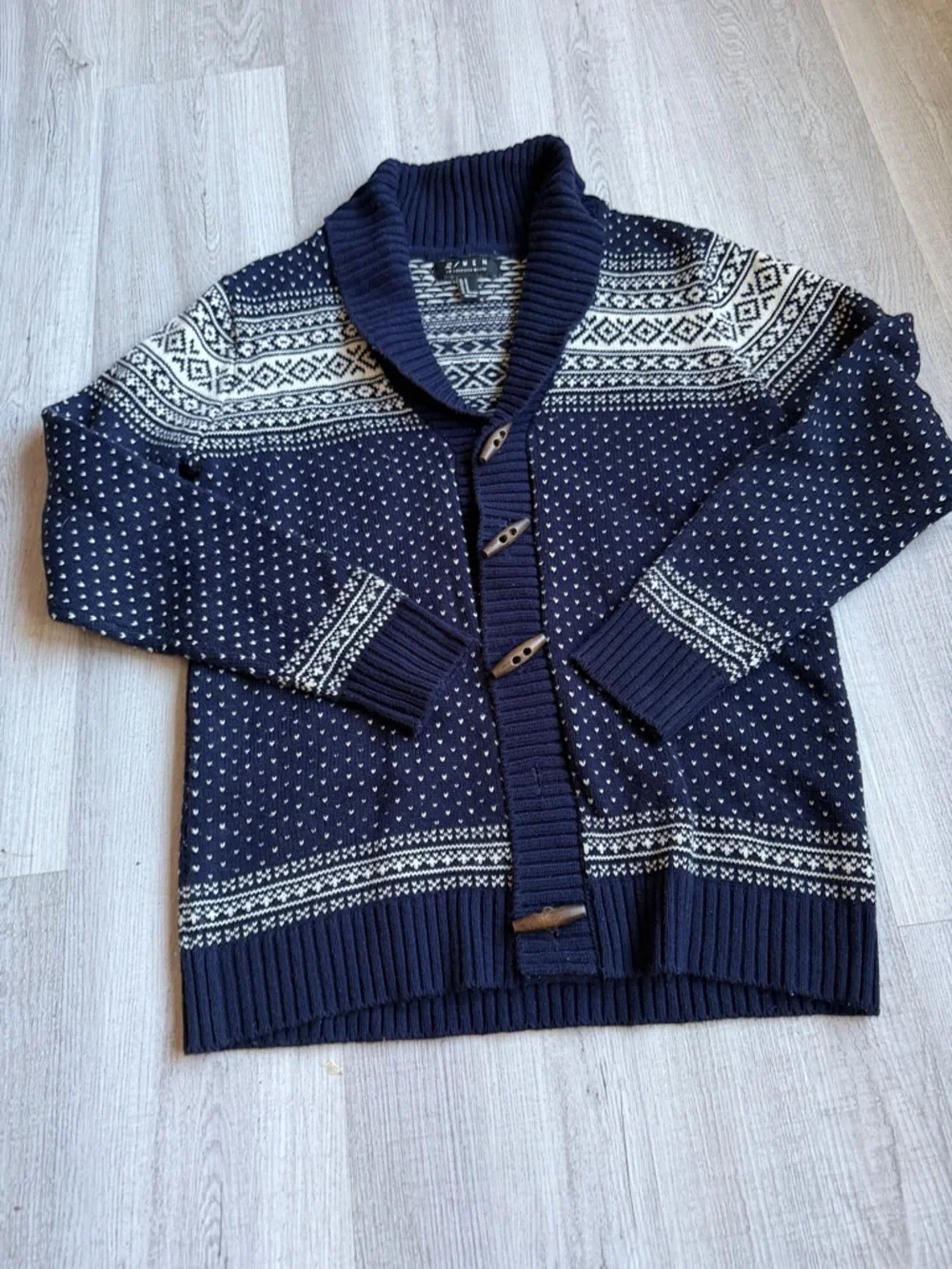 21men Navy and White Shawl Collar Fair Isle‎ Cardigan